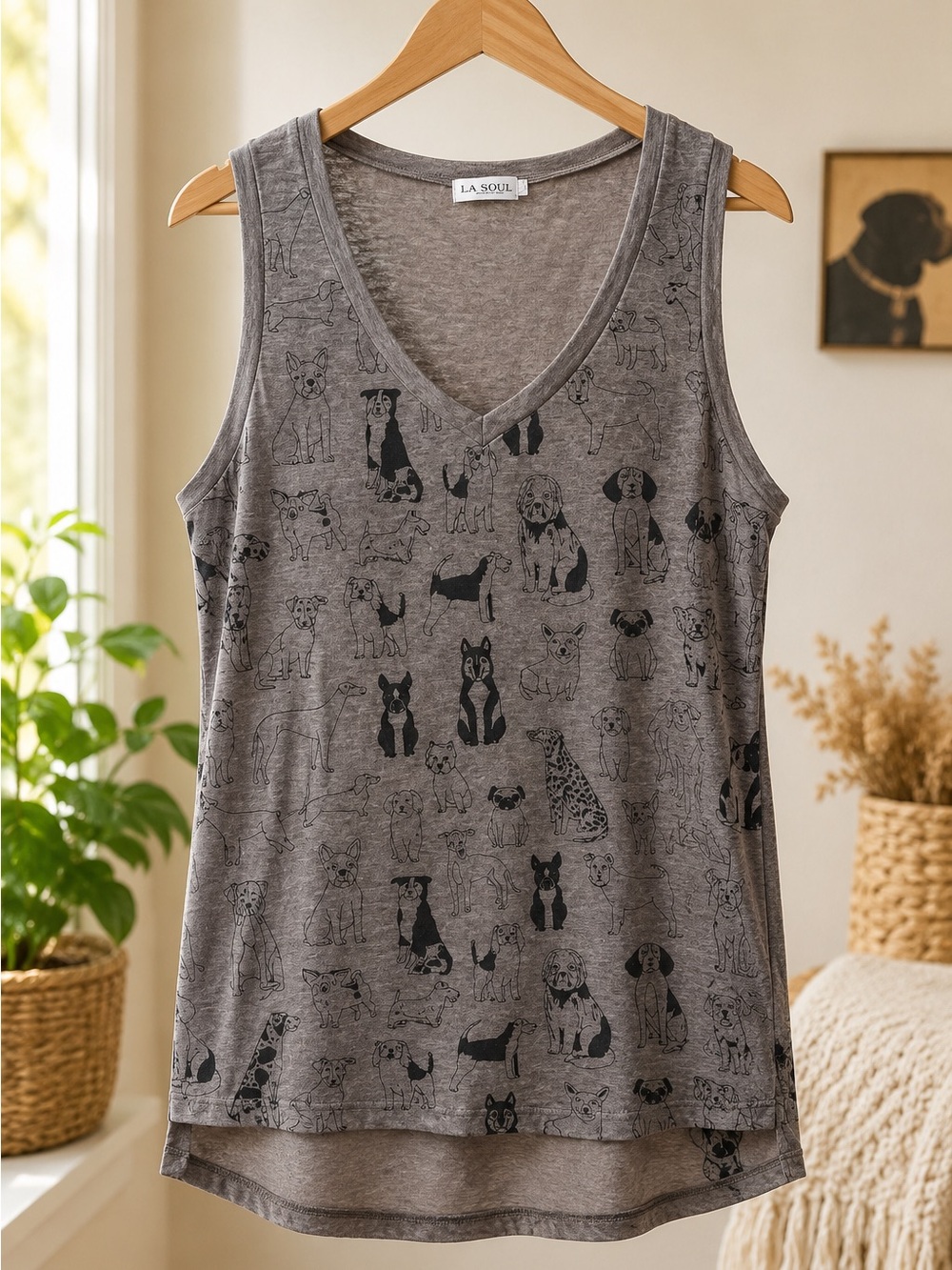 LA SOUL Taupe Dog Print Pet-Themed V-Neck Tank Top